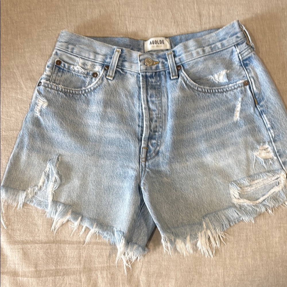 AGOLDE Parker Long Short Women's Distressed Light Blue Denim Shorts